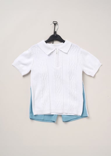 Norn Studios White True Knit Patterned Polo Shirt & Pique Short Outfit Set (2-14yrs)