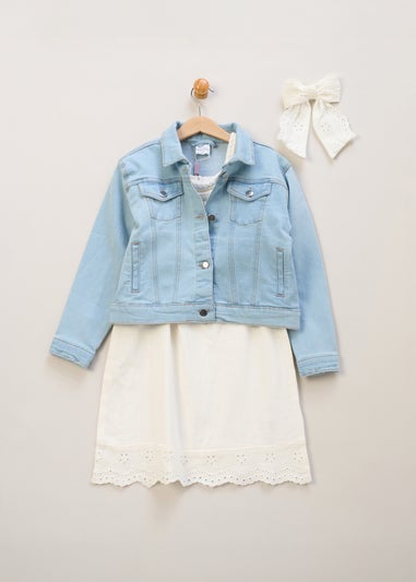 Miss Cream Broderie Dress Denim Jacket & Hair Clip Outfit Set (5-14yrs)