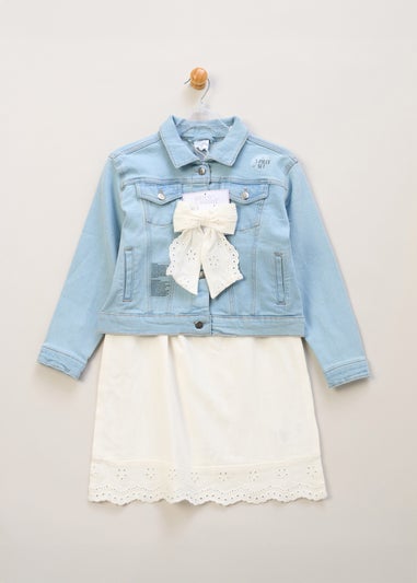 Miss Cream Broderie Dress Denim Jacket & Hair Clip Outfit Set (5-14yrs)
