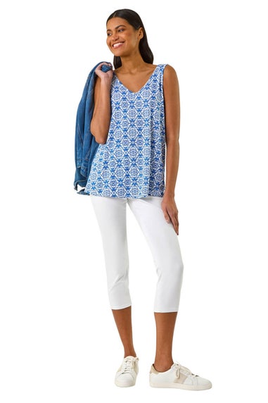 Roman Sky Blue Tile Print Cami Stretch Top