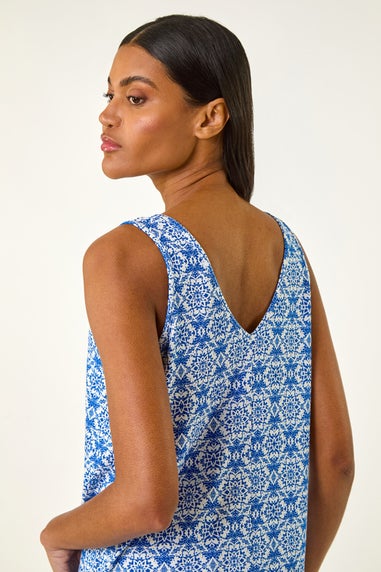 Roman Sky Blue Tile Print Cami Stretch Top