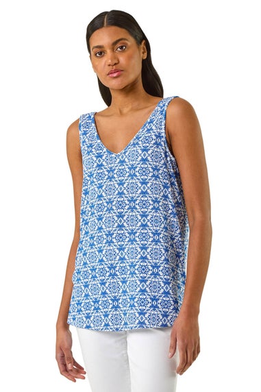 Roman Sky Blue Tile Print Cami Stretch Top