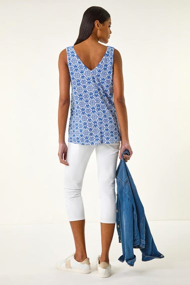 Roman Sky Blue Tile Print Cami Stretch Top