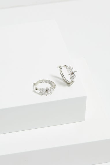 Jon Richard Rhodium Plated Cubic Zirconia Floral Hoop Earrings