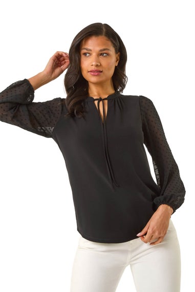 Roman Black Dobby Spot Tie Neck Mesh Top