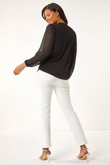 Roman Black Dobby Spot Tie Neck Mesh Top