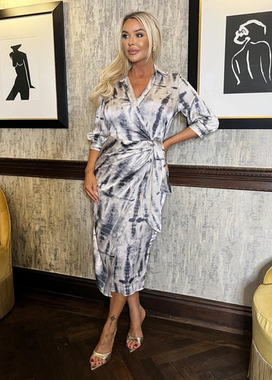 AX Paris Grey Printed 3/4 Sleeve Side Tie Waist Wrap Shirt Midi Dress