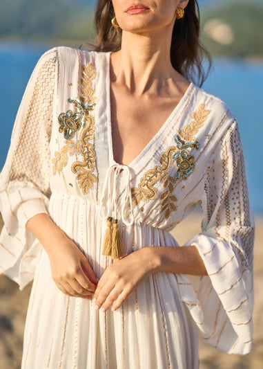 Yumi White Metallic Embellished Maxi Dress With Long Sleeves