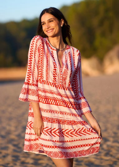 Yumi Coral Tencel Geo Stripe Print Beach Tunic