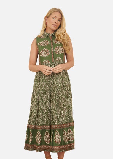 Yumi Green Cotton Paisley Midi Sleeveless Shirt Dress