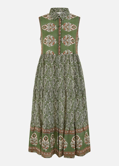 Yumi Green Cotton Paisley Midi Sleeveless Shirt Dress