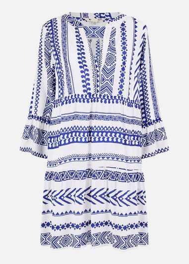 Yumi Blue Tencel Geo Stripe Print Beach Tunic