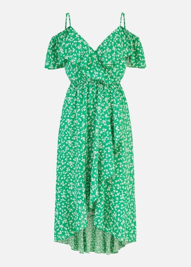 Yumi Green Ditsy Print Bardot Midi Dress With Dip Hem
