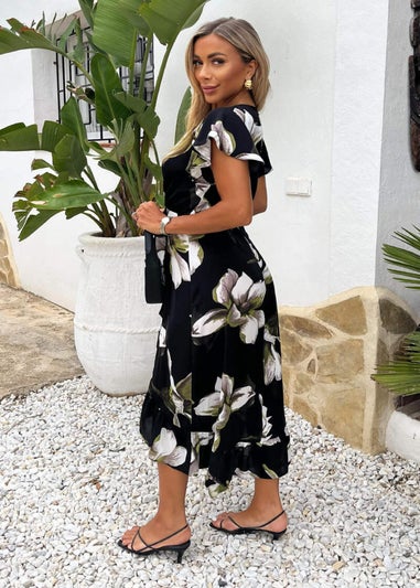 AX Paris Black Floral Print Frill Hem Wrap Midi Dress