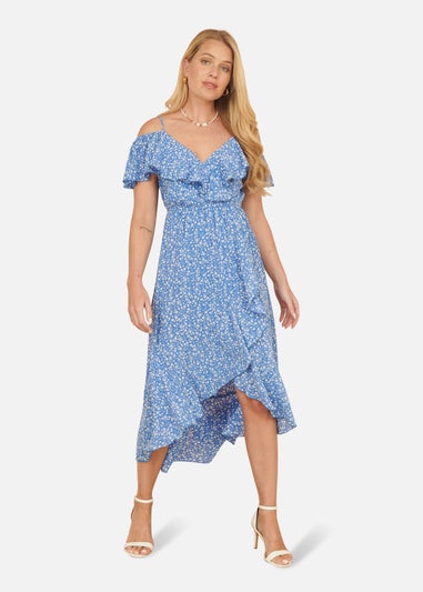 Yumi Blue Ditsy Print Bardot Midi Dress With Dip Hem