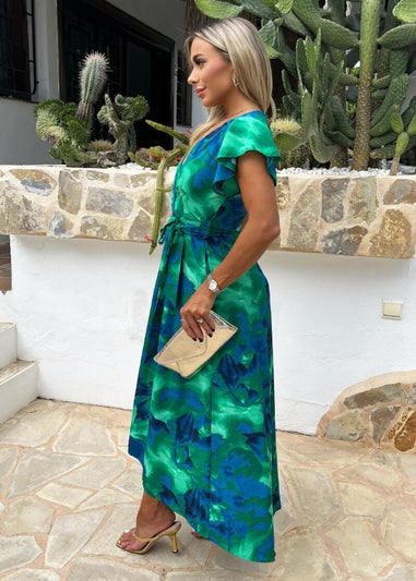 AX Paris Green Abstract Print Short Sleeve Belted Wrap Midi Dress