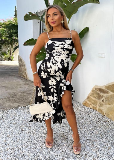 AX Paris Black & White Floral Print Strappy High Low Frill Hem Midi Dress
