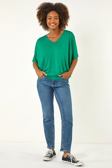Roman Green V Neck Grown On Sleeve Stretch Top