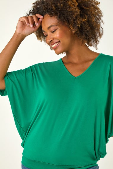 Roman Green V Neck Grown On Sleeve Stretch Top