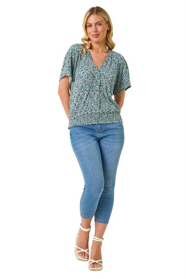 Roman Blue Petite Ditsy Print Crinkle Blouson Top