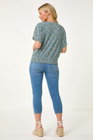 Roman Blue Petite Ditsy Print Crinkle Blouson Top
