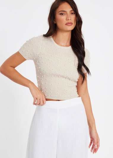 Quiz Stone Knit Embellished Crop Top