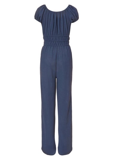 Quiz Navy Textured Puff Sleeve Jumpsuit