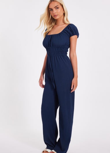 Quiz Navy Textured Puff Sleeve Jumpsuit