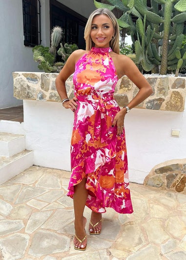 AX Paris Pink Abstract Printed Halterneck Tie Waist Dipped Hem Midi Dress