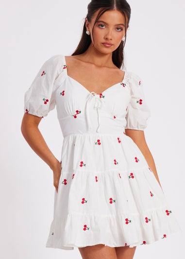 Quiz White Petite Cherry Print Skater Dress