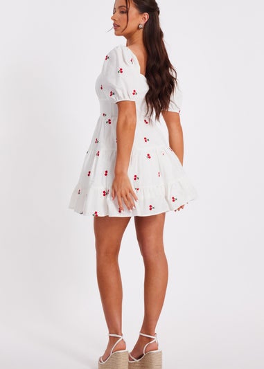 Quiz White Petite Cherry Print Skater Dress