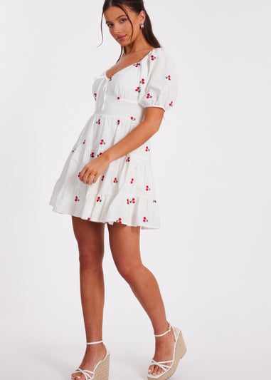 Quiz White Petite Cherry Print Skater Dress