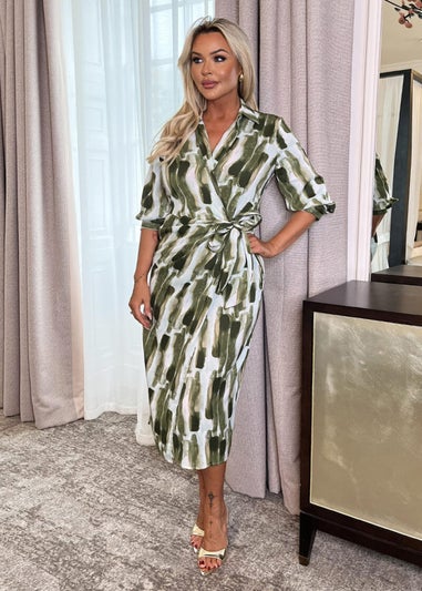 AX Paris Khaki Brush Stroke Print 3/4 Sleeve Tie Waist Wrap Shirt Midi Dress