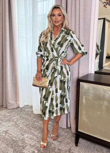 AX Paris Khaki Brush Stroke Print 3/4 Sleeve Tie Waist Wrap Shirt Midi Dress