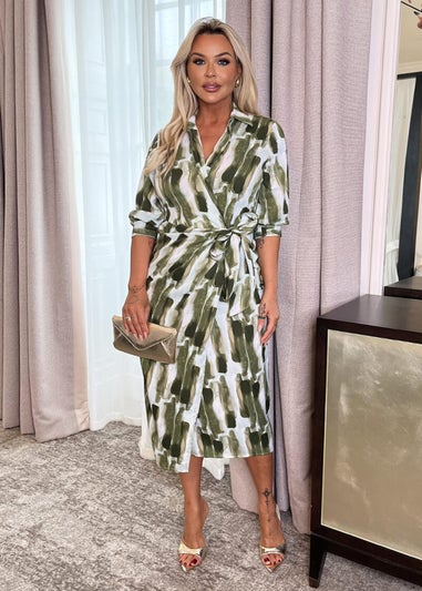 AX Paris Khaki Brush Stroke Print 3/4 Sleeve Tie Waist Wrap Shirt Midi Dress