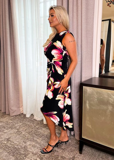 AX Paris Black Floral Print Gathered Midi Dress With Shoulder Pads