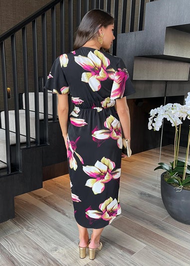 AX Paris Black Floral Print Short Sleeve Ring Detail Wrap Midi Dress