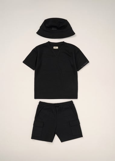 Fudo Black T Shirt Shorts & Bucket Hat Outfit Set (5-7yrs)