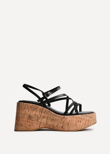 Linzi Orbit Black Faux Lizard Strappy Cork Flatform Sandal