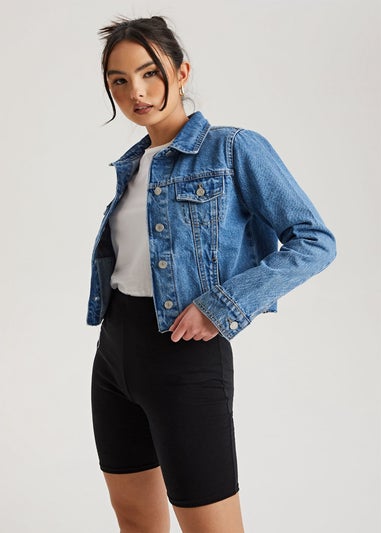Urban Bliss Mid Blue Raw Hem Denim Jacket