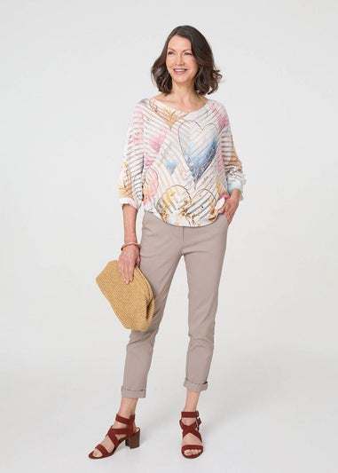 Izabel London Pink Heart Print Open Knit 3/4 Sleeve Top