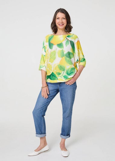 Izabel London Yellow Leaf Print 3/4 Sleeve Knit Texture Top