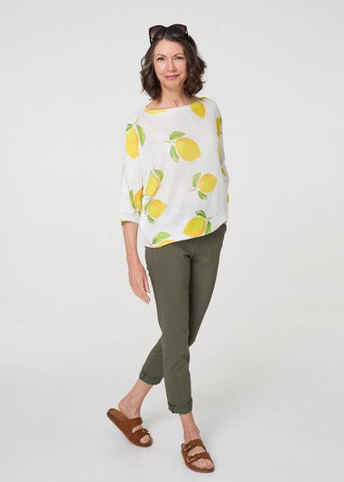 Izabel London Yellow Printed 3/4 Sleeve Knit Texture Top