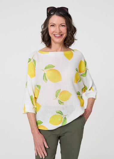Izabel London Yellow Printed 3/4 Sleeve Knit Texture Top