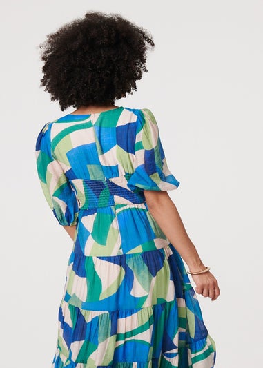 Izabel London Green Abstract Ruched 3/4 Sleeve Midi Dress