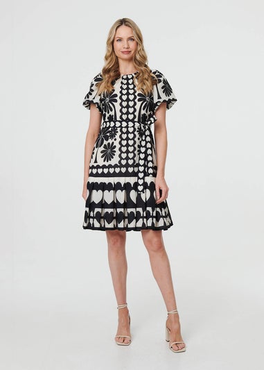 Izabel London Black Heart Print Tie Waist Short Skater Dress