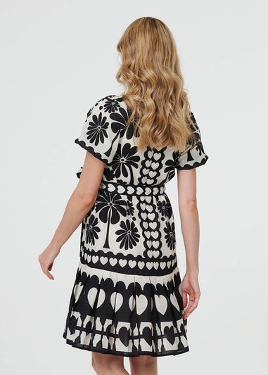 Izabel London Black Heart Print Tie Waist Short Skater Dress