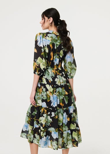 Izabel London Black Leaf Print 3/4 Sleeve Shirt Midi Dress