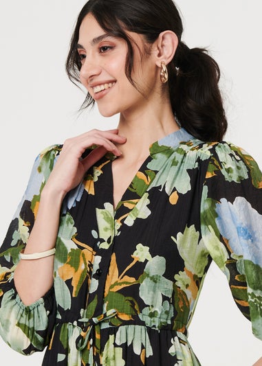 Izabel London Black Leaf Print 3/4 Sleeve Shirt Midi Dress