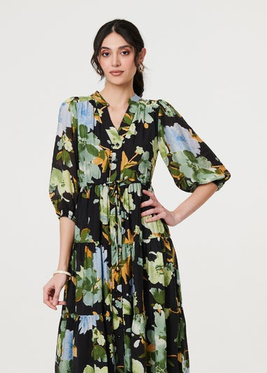 Izabel London Black Leaf Print 3/4 Sleeve Shirt Midi Dress